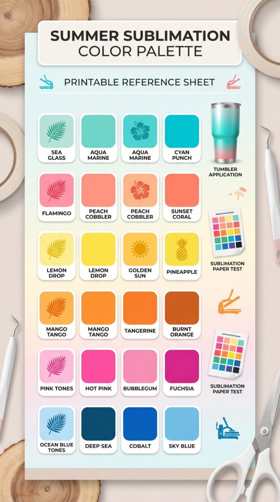 Printable summer sublimation color swatch sheet with tropical color samples.