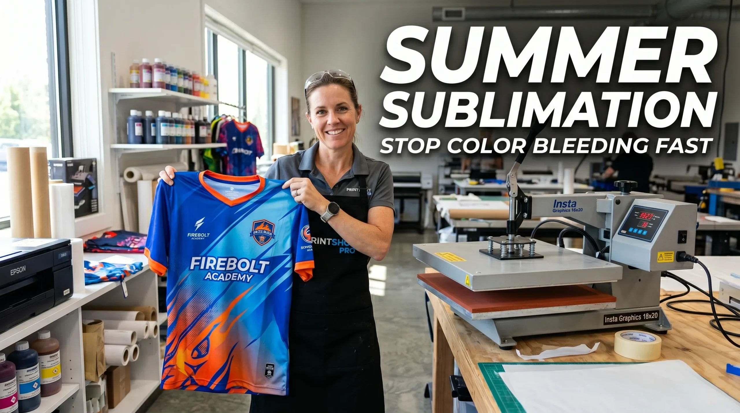 Print shop owner holding a sublimated polyester sports jersey beside a heat press with Summer Sublimation Secrets text overlay.