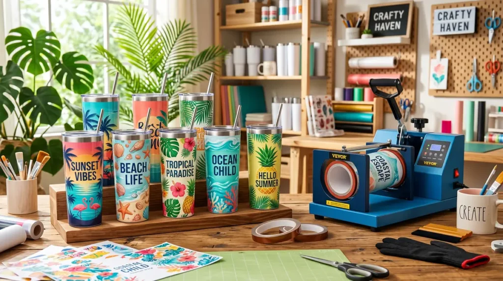 Bright summer-themed tumblers with tropical and beach designs on a wooden tray near a heat press machine