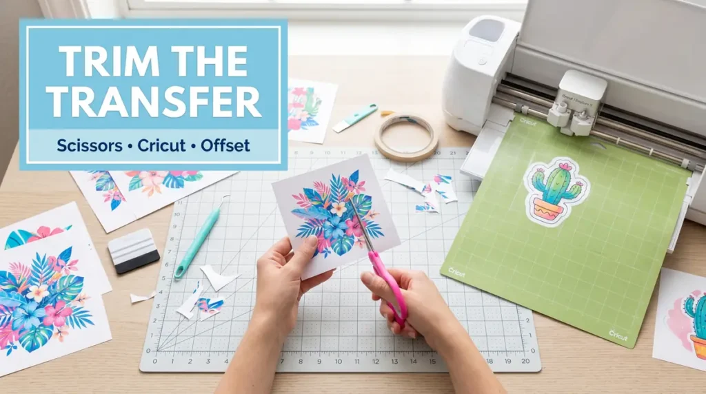 Hands cutting a colorful floral printed transfer with scissors on a cutting mat beside a Cricut machine