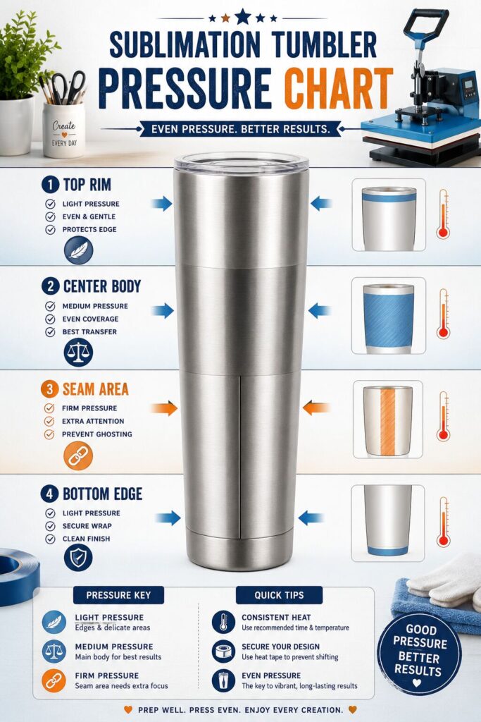 Printable sublimation tumbler pressure chart with labeled heat press zones.