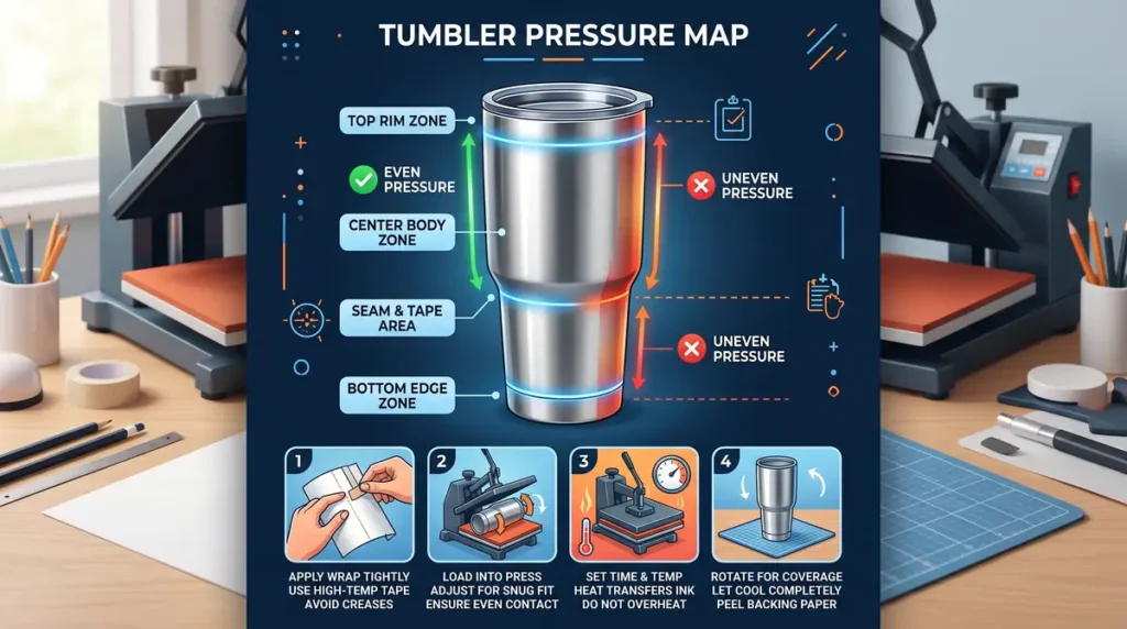 Infographic showing tumbler pressure zones and steps to apply heat transfer with even pressure