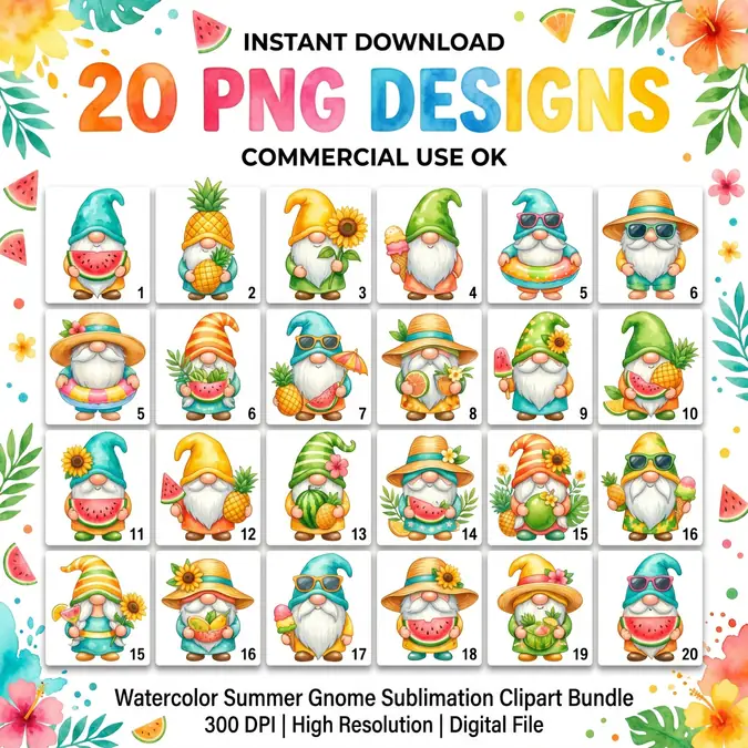 Collection of 20 watercolor summer gnome clipart designs with fruits and flowers