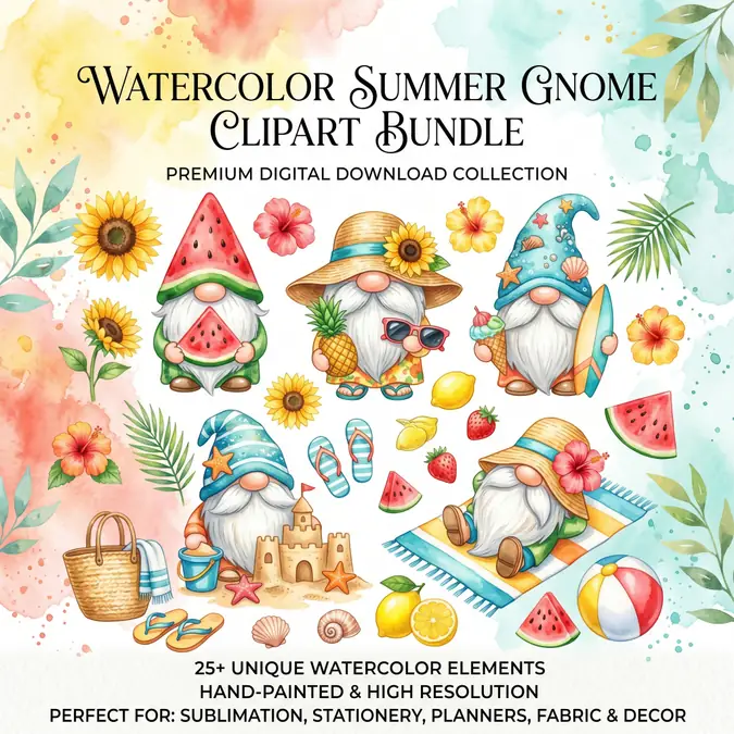 Watercolor summer gnome clipart bundle with gnomes, watermelon, flowers, beach ball, and tropical leaves