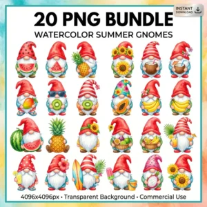 Collection of 20 colorful watercolor summer gnomes holding fruits and summer items