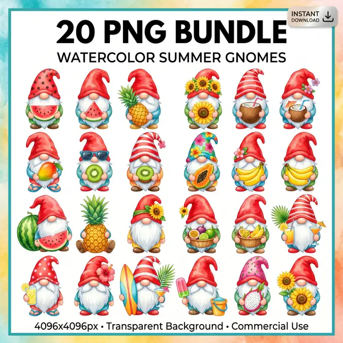 Collection of 20 colorful watercolor summer gnomes holding fruits and summer items