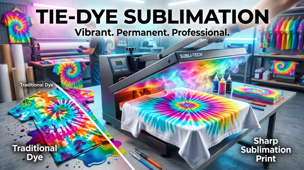 Colorful tie-dye sublimation shirt with heat press and vibrant blended polyester design.