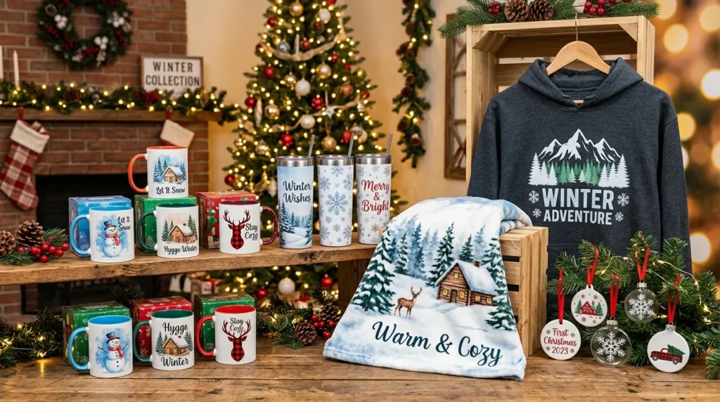 A collection of winter sublimation products including mugs, tumblers, blankets, hoodies, and ornaments displayed beside holiday décor.