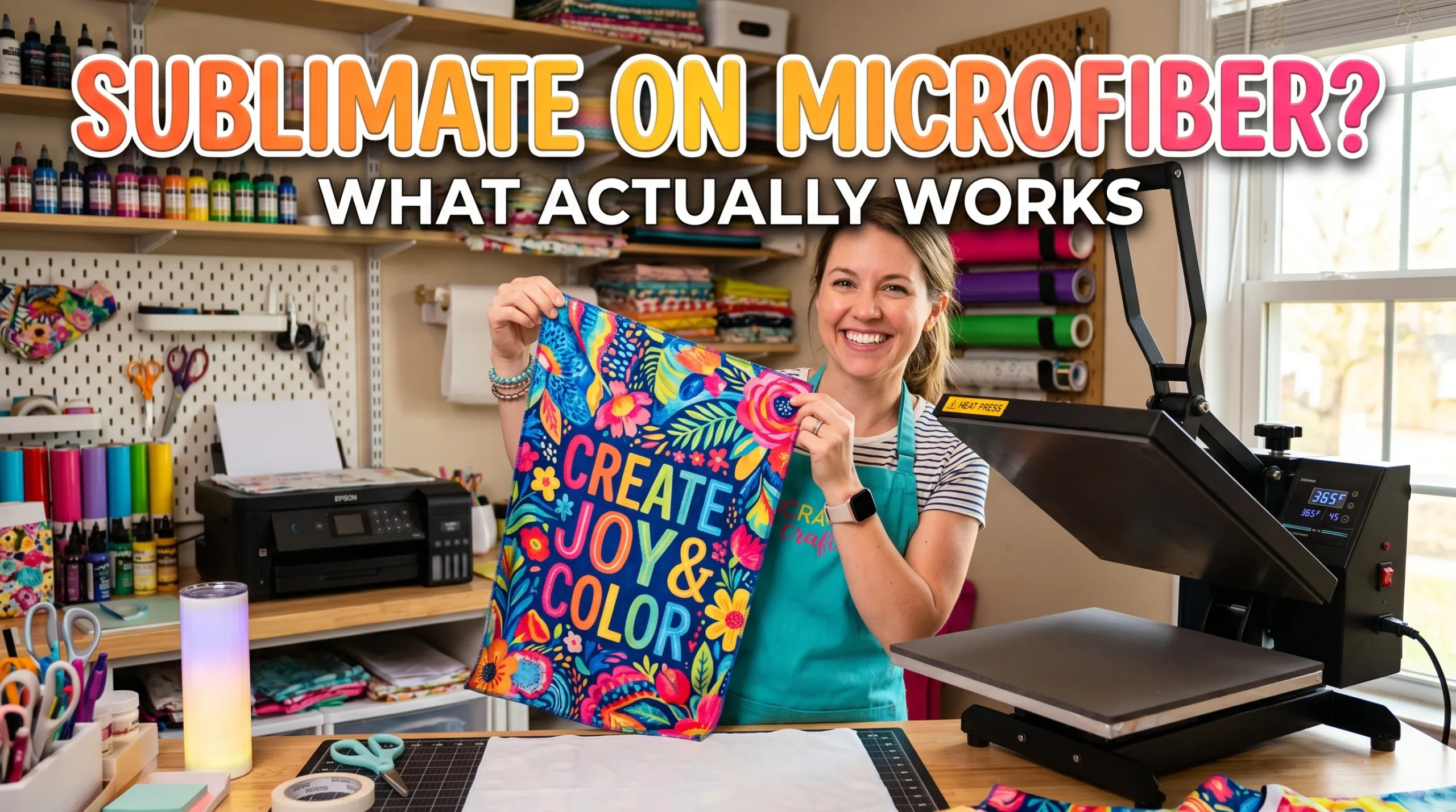 Woman testing sublimation printing on a microfiber towel beside a heat press with colorful transfer artwork visible.