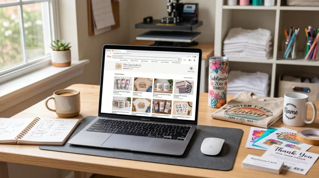 Laptop on desk showing an online store selling custom tumblers, t-shirts, mugs, and accessories