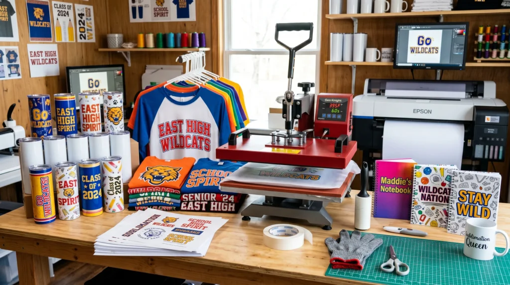 A sublimation workspace with tumblers, school-themed shirts, notebooks, and a heat press ready for production.