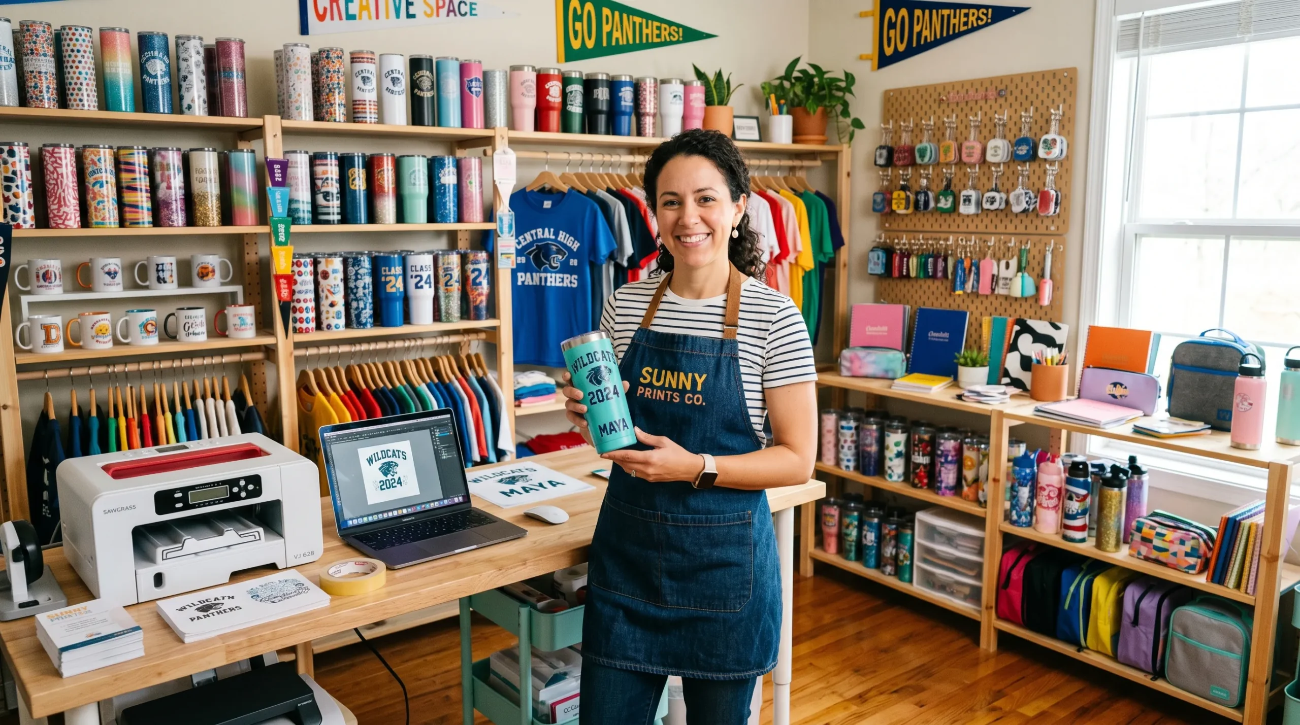 Small sublimation business owner creating personalized back-to-school products including tumblers, shirts, mugs, and backpack tags with article title overlay.