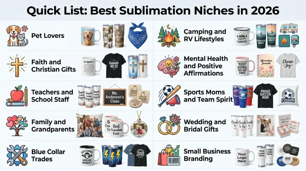Infographic listing best sublimation niches for 2026 with icons and product examples