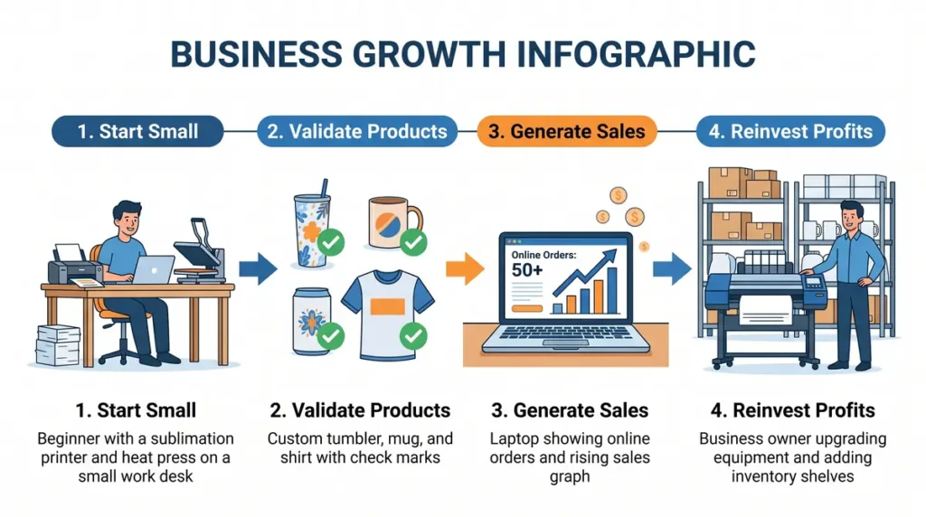 Business growth process infographic showing start small, validate products, generate sales, and reinvest profits