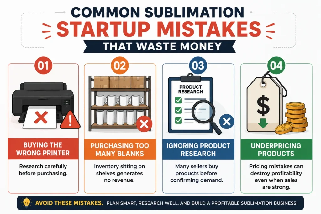 Infographic showing four common sublimation startup mistakes: buying the wrong printer, purchasing too many blanks, ignoring product research, and underpricing products, with warning icons and money-loss visuals.