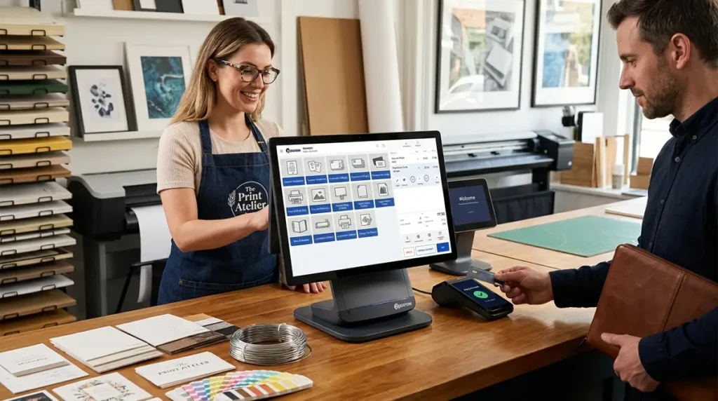 Customer using contactless payment on card reader held by woman at print shop counter
