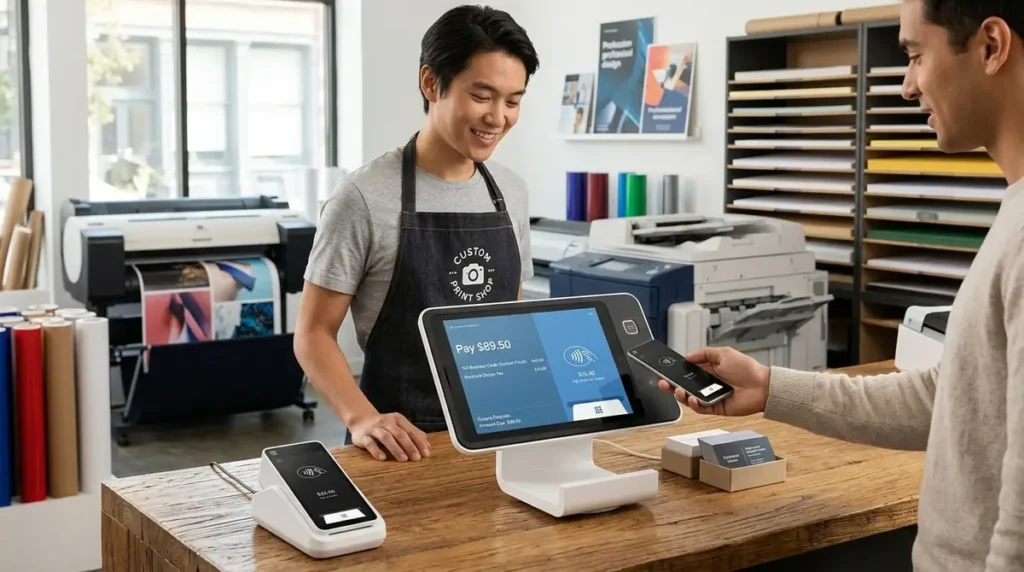 Customer using smartphone to pay at print shop counter with employee smiling