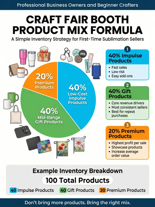 Infographic showing a product mix formula pie chart for craft fair booths with impulse, gift, and premium product categories
