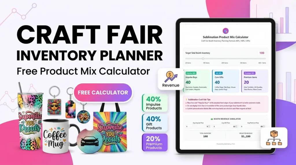Tablet showing sublimation product mix calculator alongside various colorful craft fair products