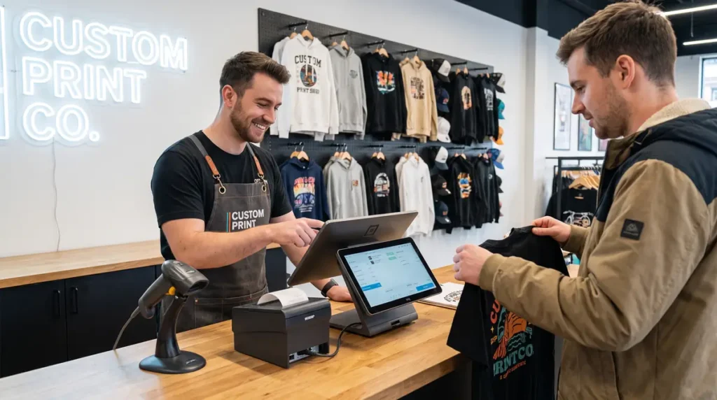 Man purchasing custom printed t-shirt from a sales clerk in a store with clothing displays