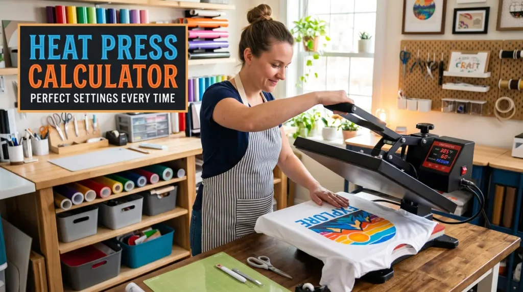 Woman pressing a t-shirt with colorful design using heat press machine in craft room