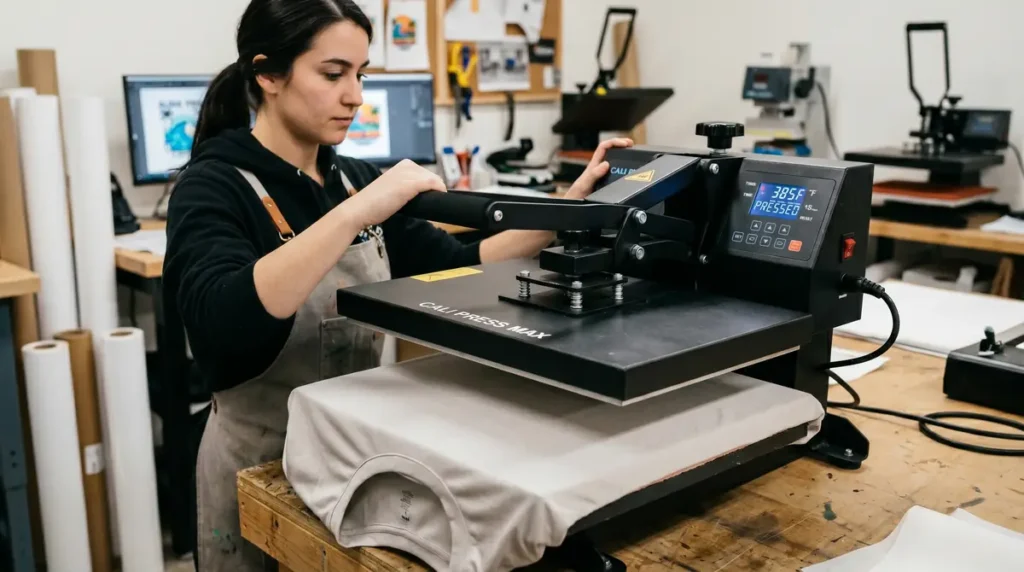 Woman pressing a blank t-shirt using a heat press machine displaying 385°F
