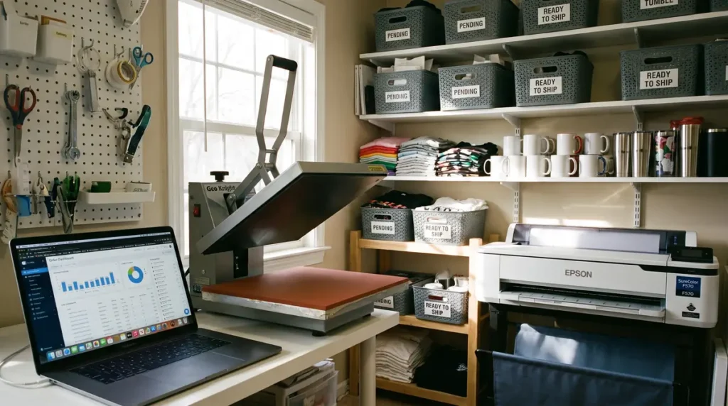 Home workspace with heat press, laptop, printer, organized shelves with labeled bins and mugs