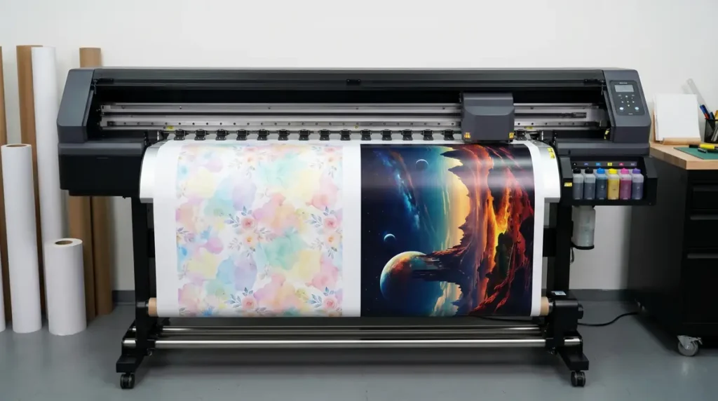 Large format printer printing floral and space-themed images on wide paper rolls