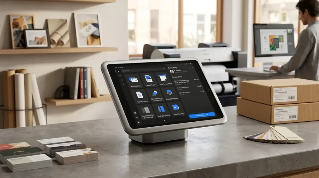Tablet-style point of sale system on counter surrounded by business cards and cardboard boxes in a print shop