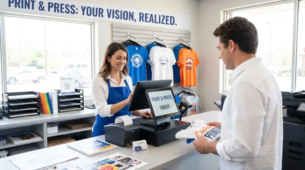 Woman cashier assisting a man buying printed t-shirts at a print shop counter