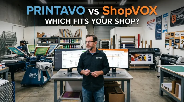 Man standing in print shop in front of two computer monitors displaying Printavo and ShopVox software