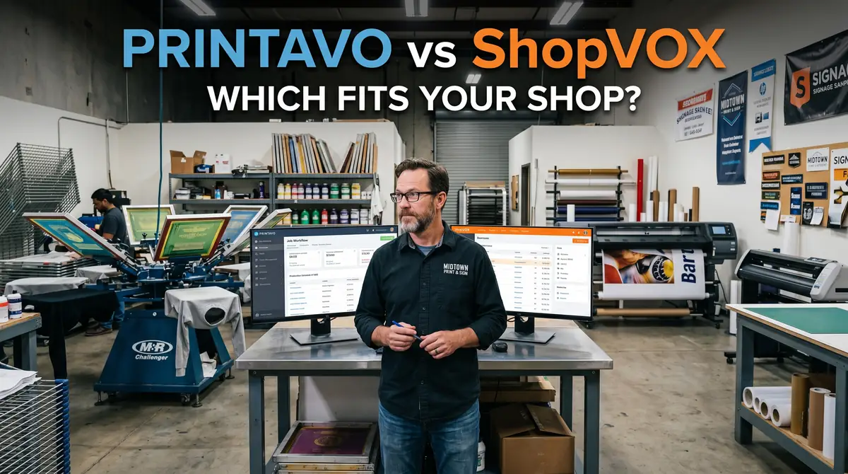 Man standing in print shop in front of two computer monitors displaying Printavo and ShopVox software