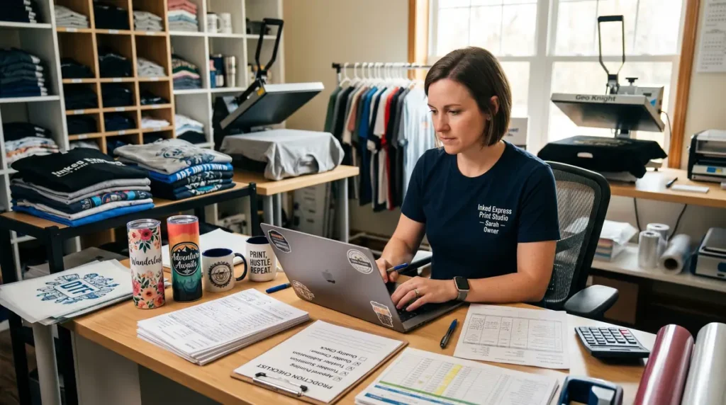 Woman working on laptop at desk in print shop surrounded by printed t-shirts and mugs