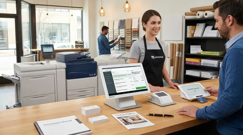 Woman working at print shop counter with POS system and customer making payment