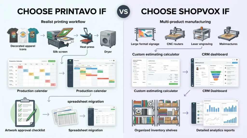 Split infographic comparing Printavo and ShopVox workflows for printing and manufacturing with icons, calendars, and software screenshots