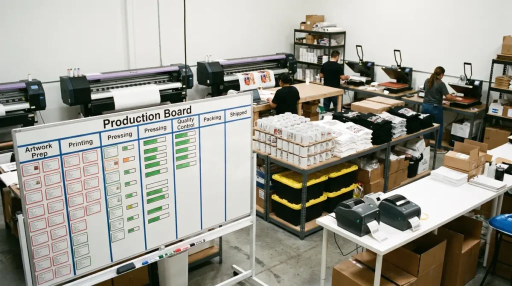 Production board with workflow stages in a print shop with employees working and shelves with printed items