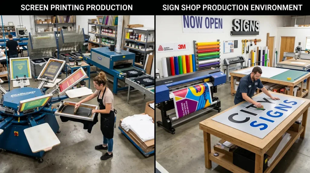 Two workers in separate production areas, one using screen printing equipment and the other preparing a city signs board
