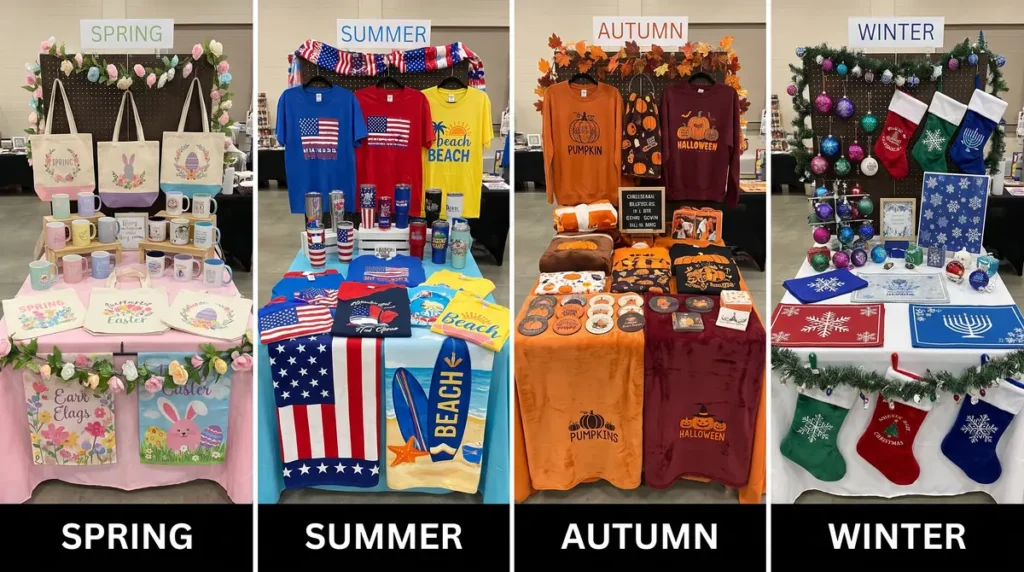 Four tables with seasonal sublimation products for spring, summer, autumn, and winter