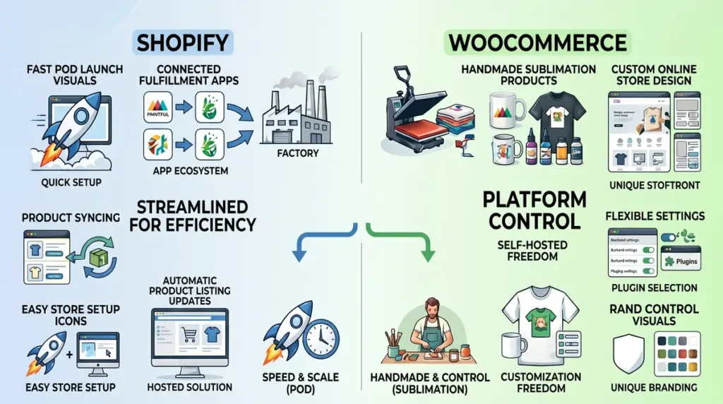 Illustration comparing Shopify features like app ecosystem and quick setup with WooCommerce features like handmade products and platform control