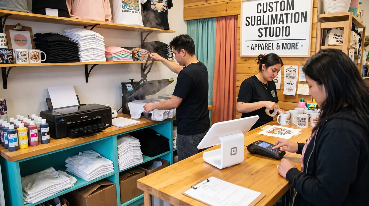 Workers using heat press and packing mugs in a small sublimation shop with printed apparel on shelves