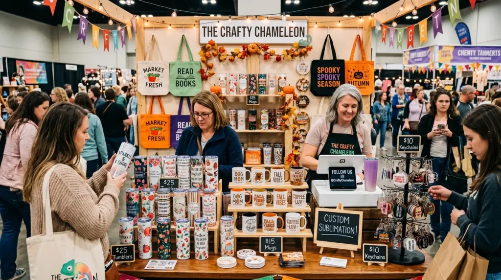 Craft fair booth displaying mugs, tumblers, keychains, and tote bags with custom sublimation designs