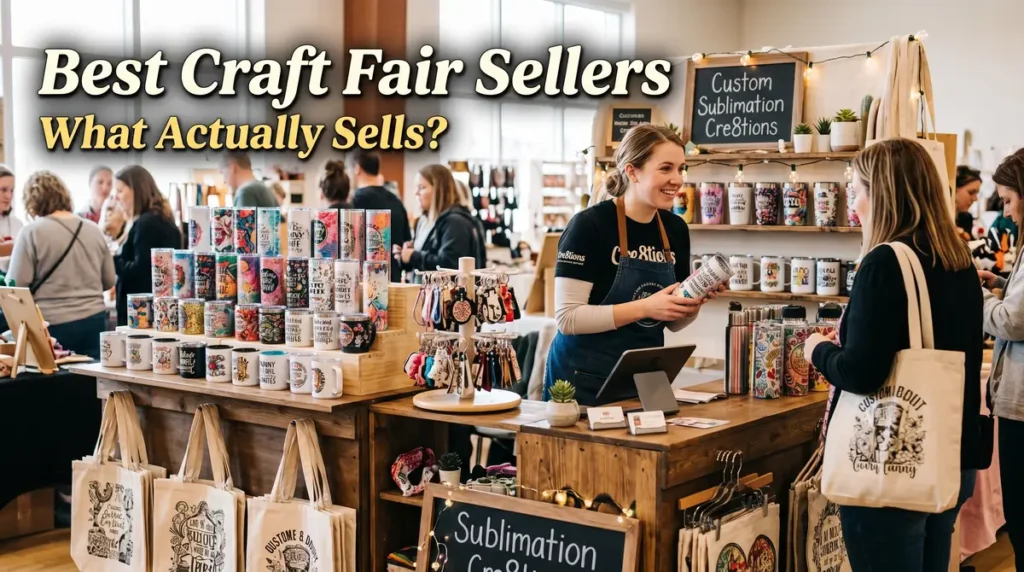 Female craft seller showing sublimation tumblers and mugs to a customer at a craft fair booth