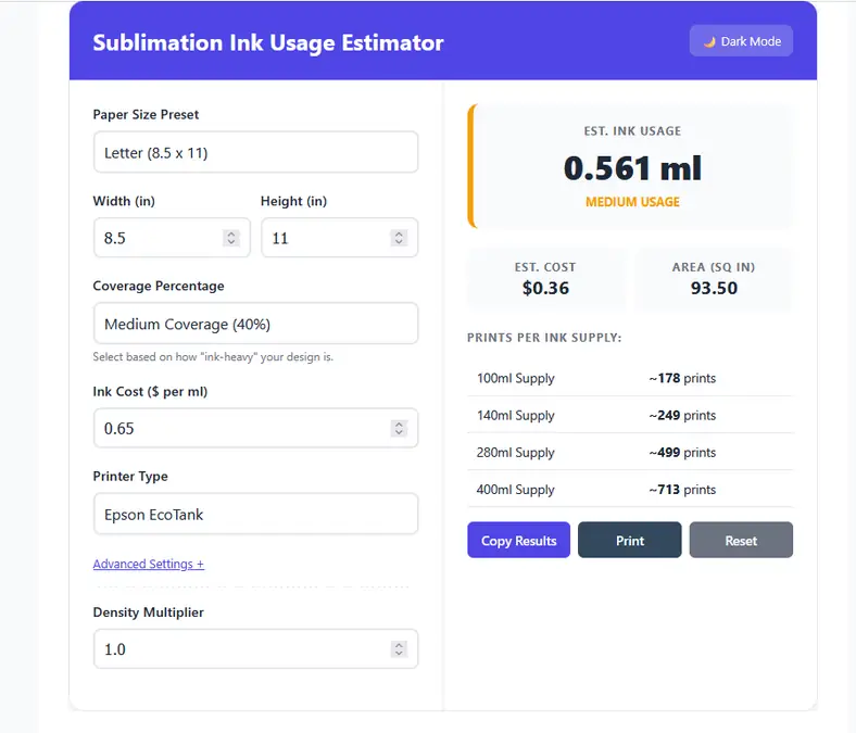 Screen showing a sublimation ink usage estimator with inputs and print estimates