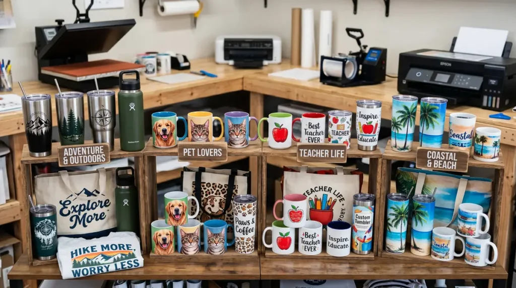 Shelves with tumblers, mugs, and tote bags in adventure, pet lovers, teacher life, and coastal beach niches