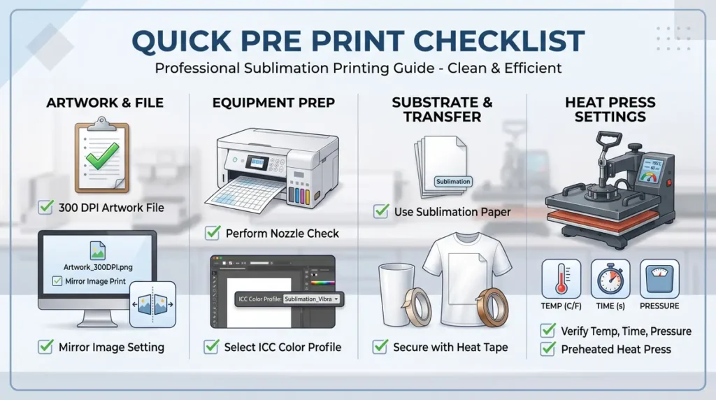 Checklist of artwork files, equipment prep, substrate transfer, and heat press settings for sublimation printing
