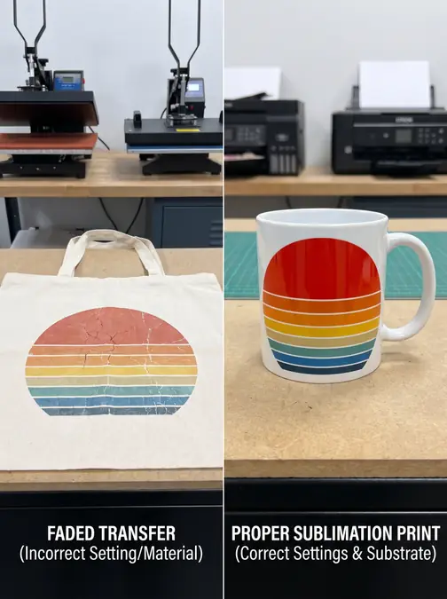 Side-by-side comparison showing faded sublimation transfer on tote bag and vibrant print on mug