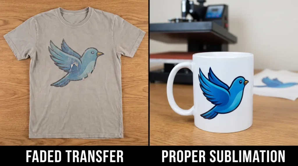 Side-by-side comparison of faded transfer on t-shirt and proper sublimation on white mug with blue bird design