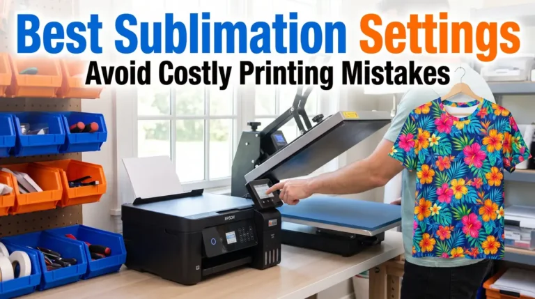 Person operating heat press machine and printer in a sublimation printing setup with a colorful floral T-shirt