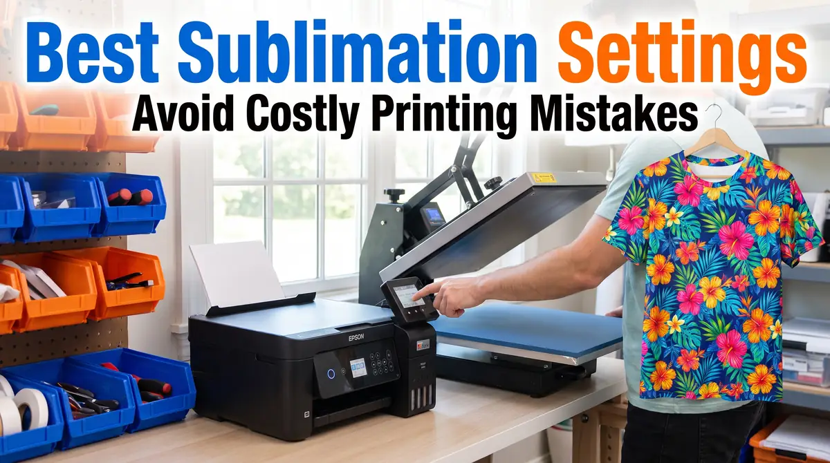 Person operating heat press machine and printer in a sublimation printing setup with a colorful floral T-shirt