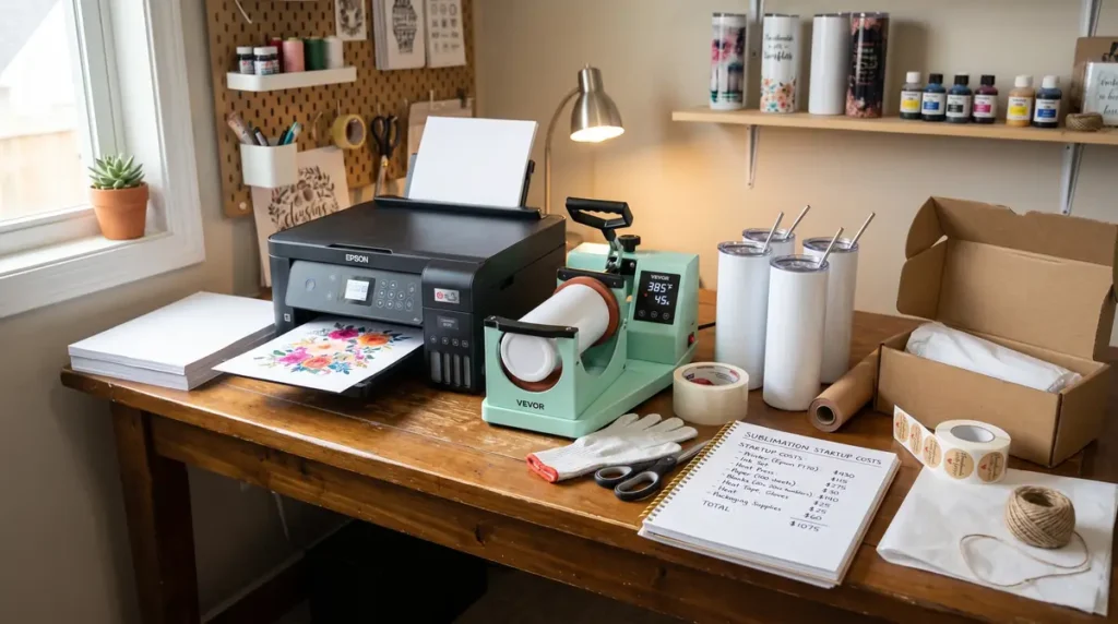 Desk with sublimation printer, heat press machine, blank tumblers, and crafting supplies